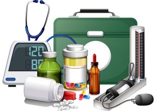 Many medical equipments and medicine on white background illustration